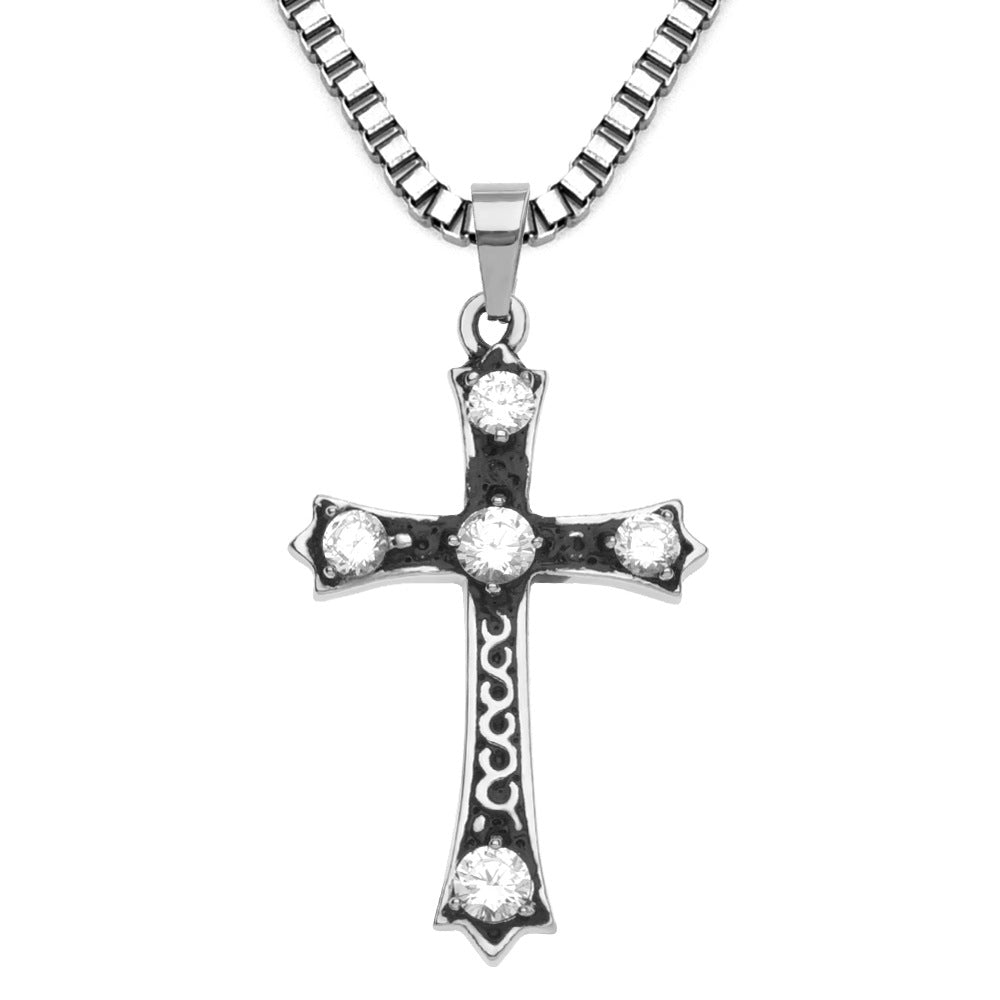 Retro Zircon-Encrusted Cross Pendant Necklace in Titanium Steel for Men and Women - European and American Fashion