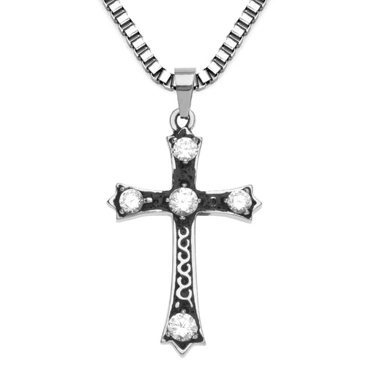 Retro Zircon-Encrusted Cross Pendant Necklace in Titanium Steel for Men and Women - European and American Fashion