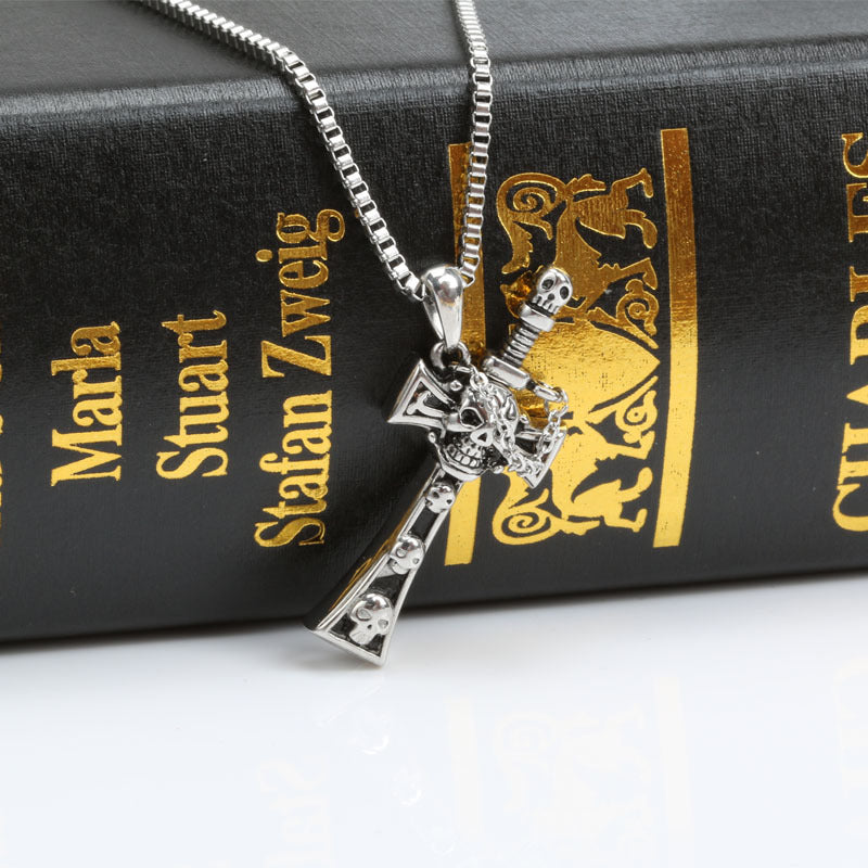 Stylish Titanium Steel Skull Sword Cross Pendant Necklace for Men - European and American Design