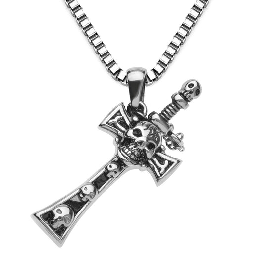 Stylish Titanium Steel Skull Sword Cross Pendant Necklace for Men - European and American Design