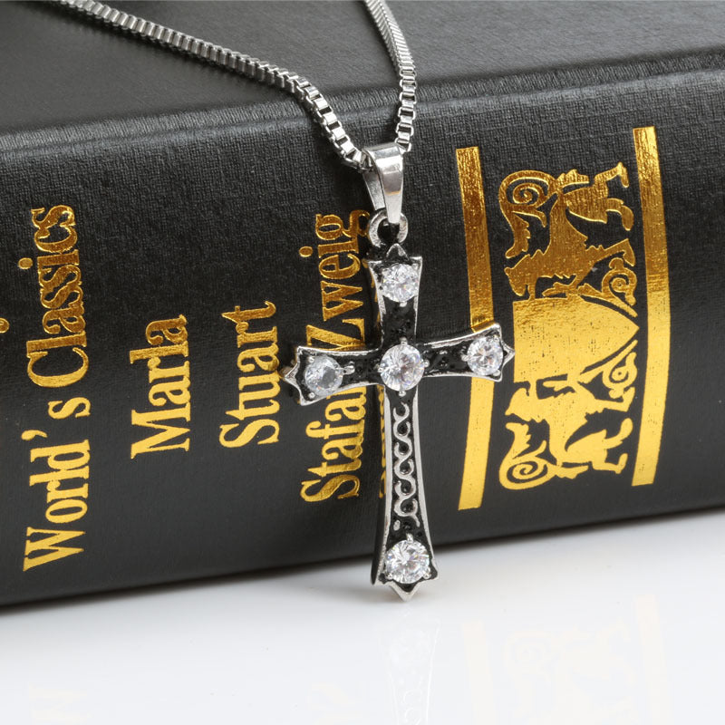 Retro Zircon-Encrusted Cross Pendant Necklace in Titanium Steel for Men and Women - European and American Fashion