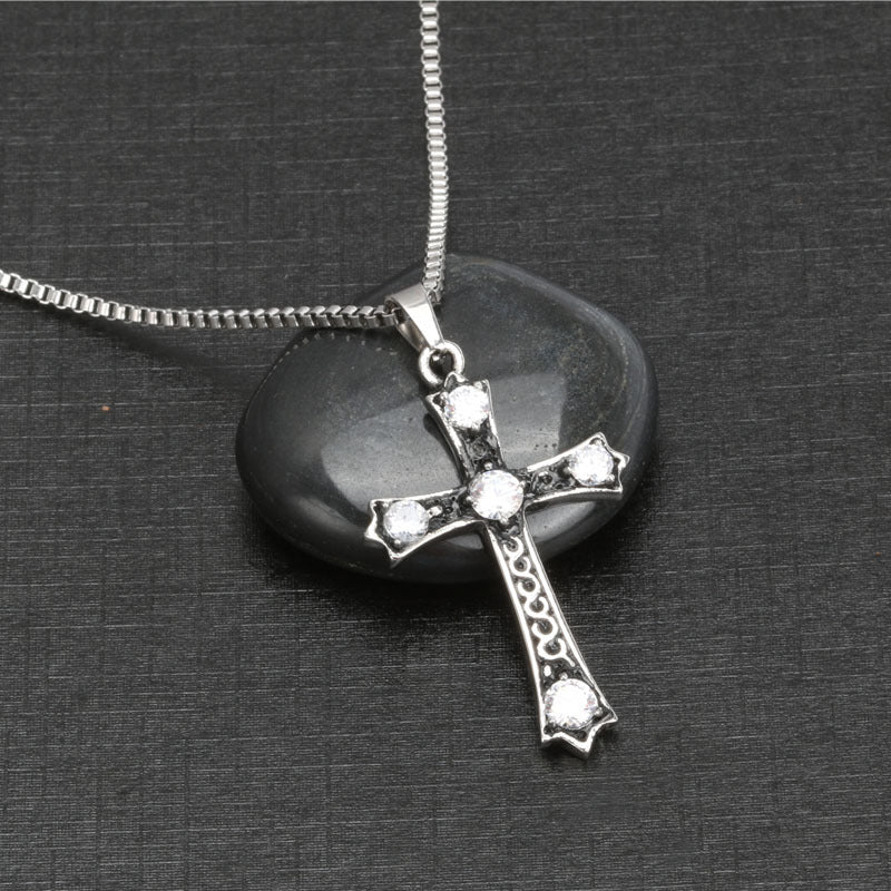 Retro Zircon-Encrusted Cross Pendant Necklace in Titanium Steel for Men and Women - European and American Fashion