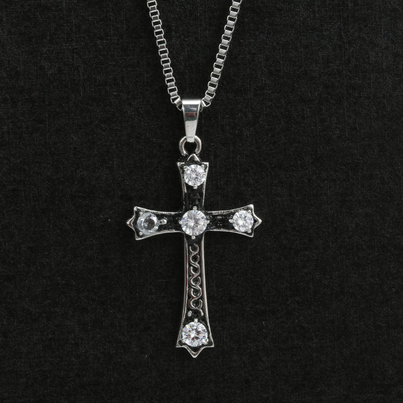 Retro Zircon-Encrusted Cross Pendant Necklace in Titanium Steel for Men and Women - European and American Fashion