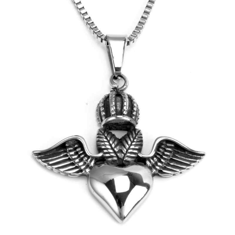 Peach Heart Pendant Necklace with Angel Wings and Devil Crown - Titanium Steel Jewelry for Men