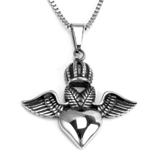 Peach Heart Pendant Necklace with Angel Wings and Devil Crown - Titanium Steel Jewelry for Men