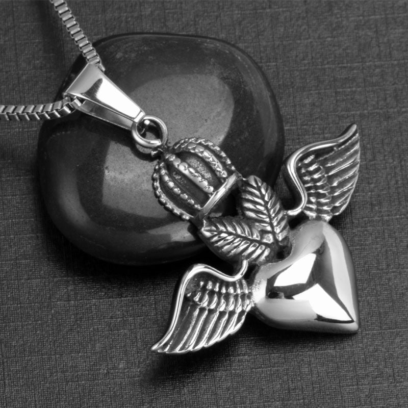 Peach Heart Pendant Necklace with Angel Wings and Devil Crown - Titanium Steel Jewelry for Men