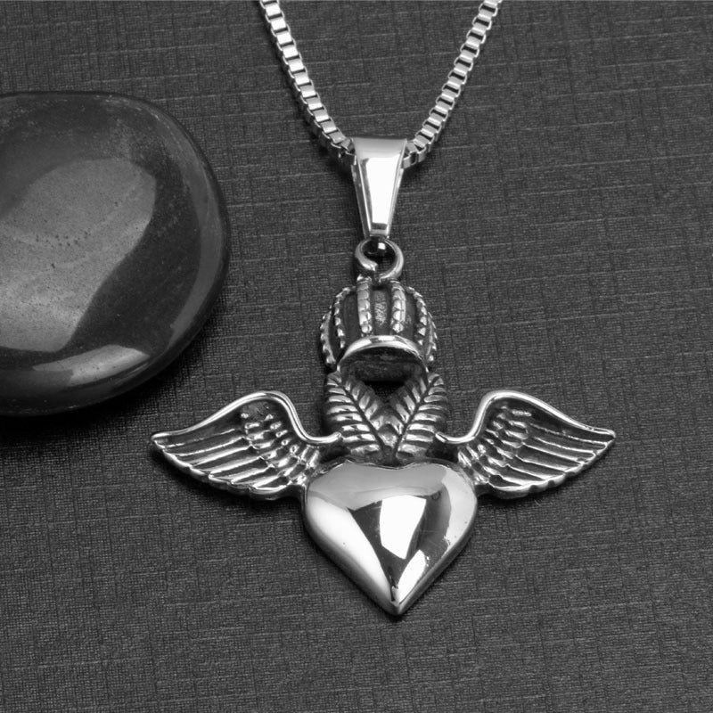 Peach Heart Pendant Necklace with Angel Wings and Devil Crown - Titanium Steel Jewelry for Men