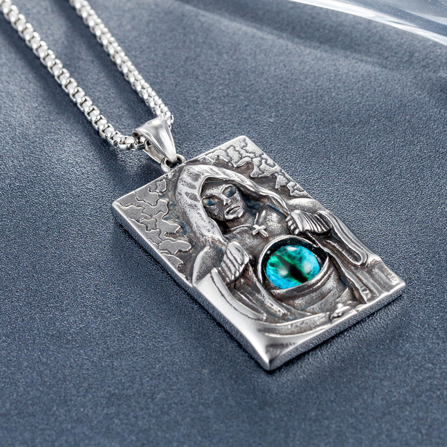 Wizard Ghost Eye Cross Double Side Rectangle Titanium Steel Necklace for Men