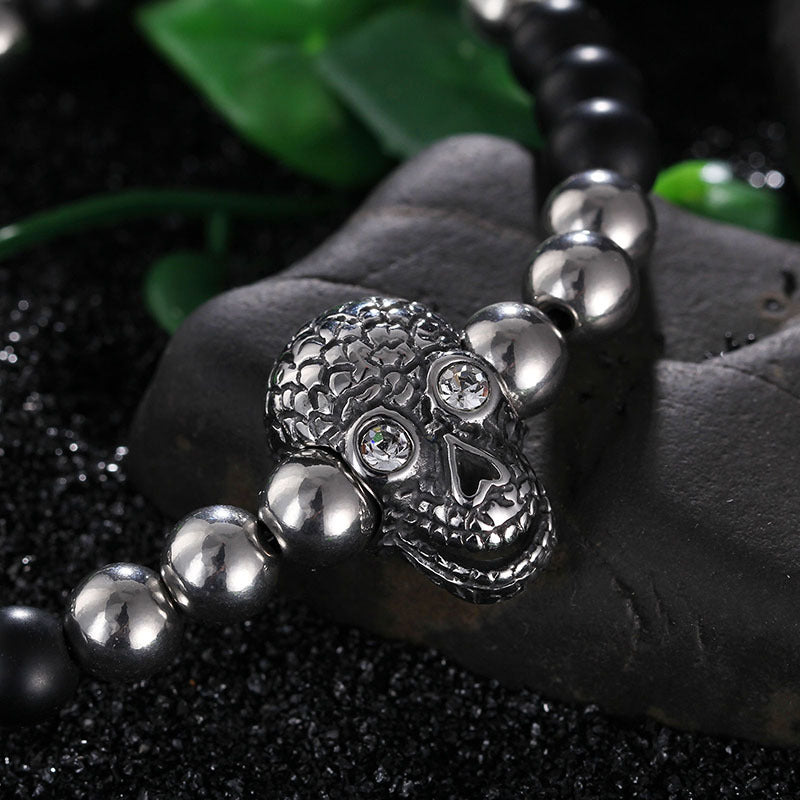 Men's Personalized Skull Beaded Bracelet with Punk Style Zircon Accents