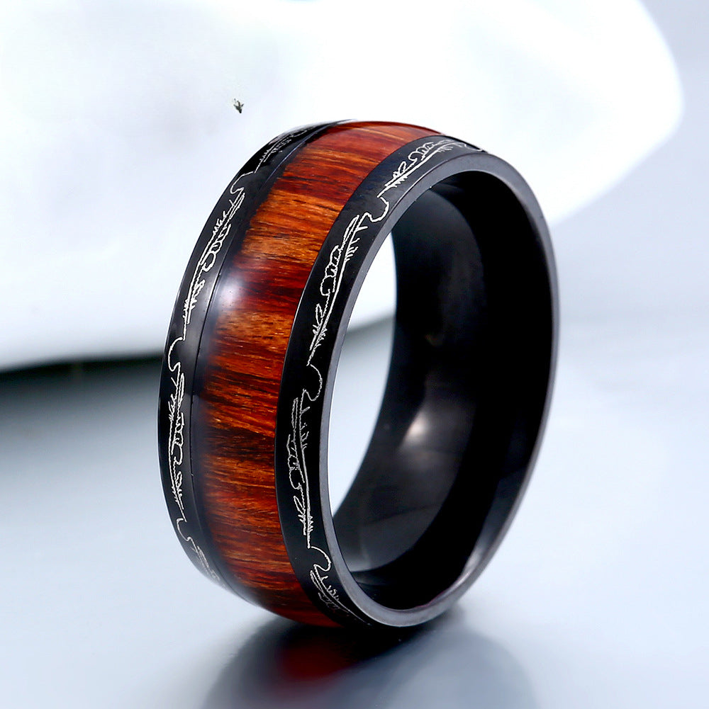 Vintage-Inspired Titanium Steel and Wood Feather Ring for Men and Women - Personalized Carved Design