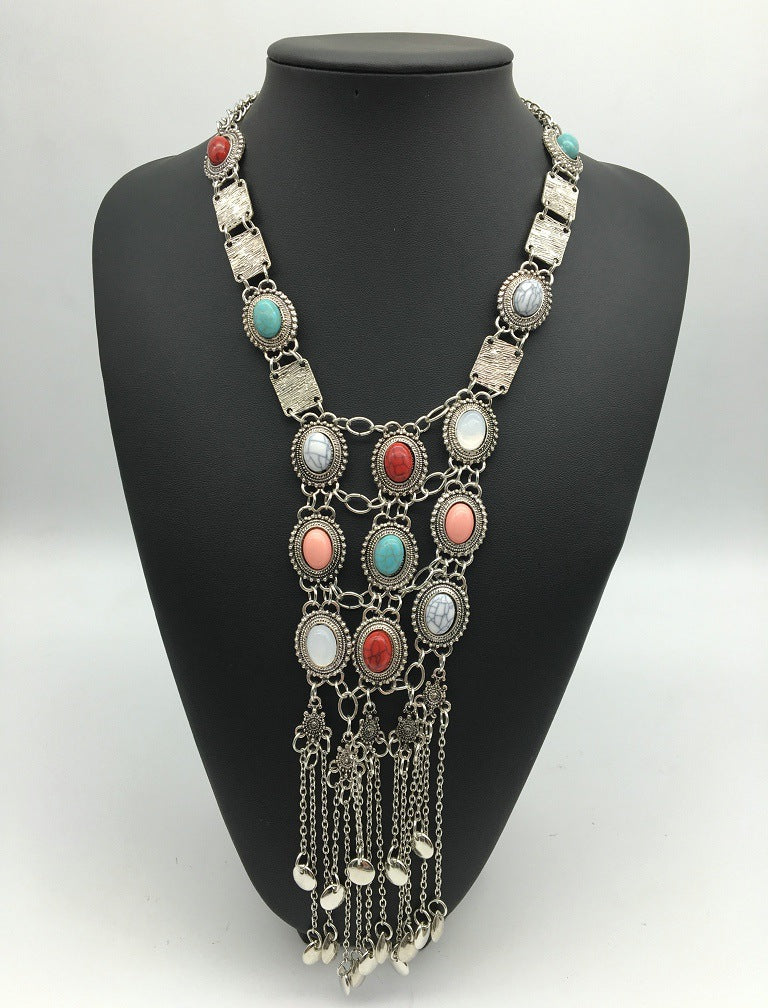 Exotic Multi-layer Tassel Necklace with Imitation Turquoise Accents