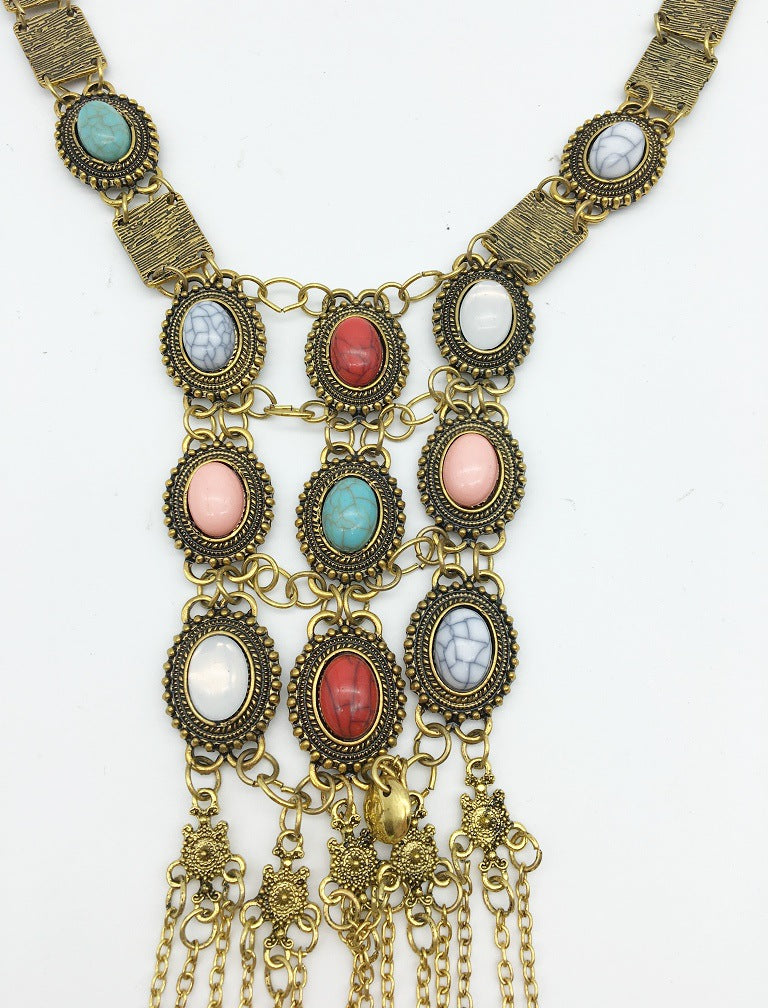 Exotic Multi-layer Tassel Necklace with Imitation Turquoise Accents