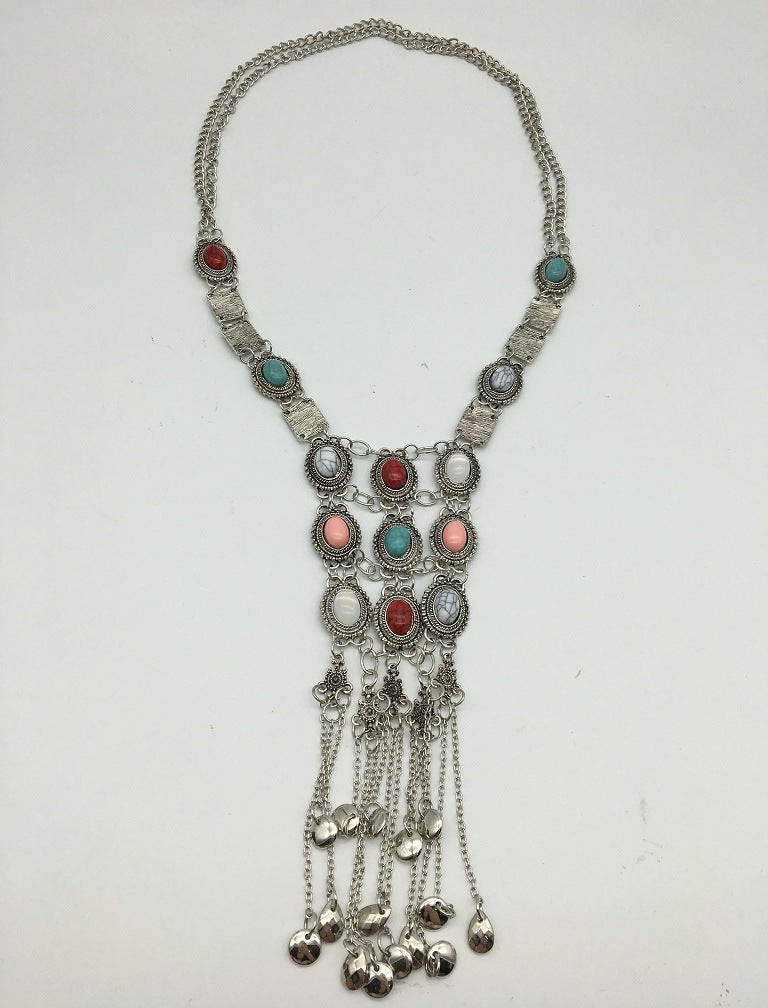 Exotic Multi-layer Tassel Necklace with Imitation Turquoise Accents