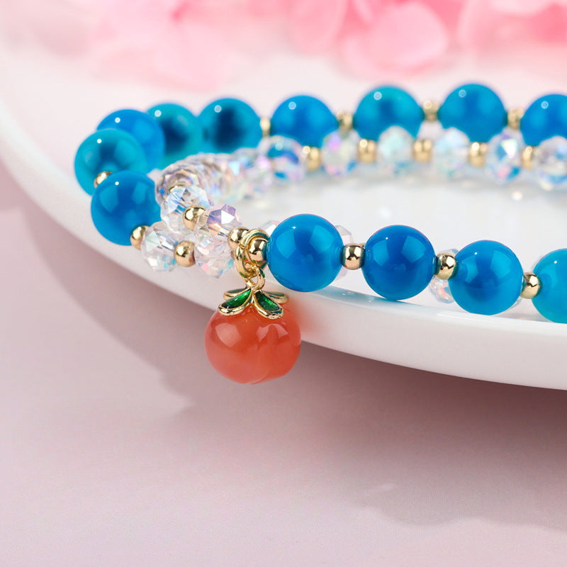 Exquisite Double Blue Crystal and Peach Agate Bracelet with Sterling Silver Beads