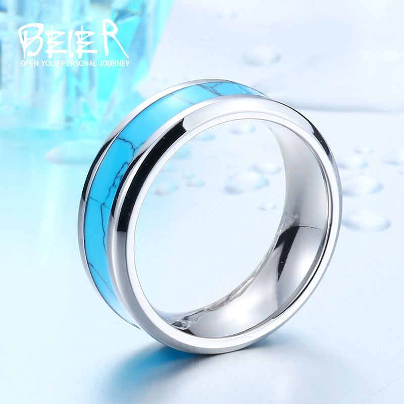 Vintage-Inspired Turquoise Inlaid Titanium Steel Ring for Men and Women – Trendy Everyday Fashion Jewelry