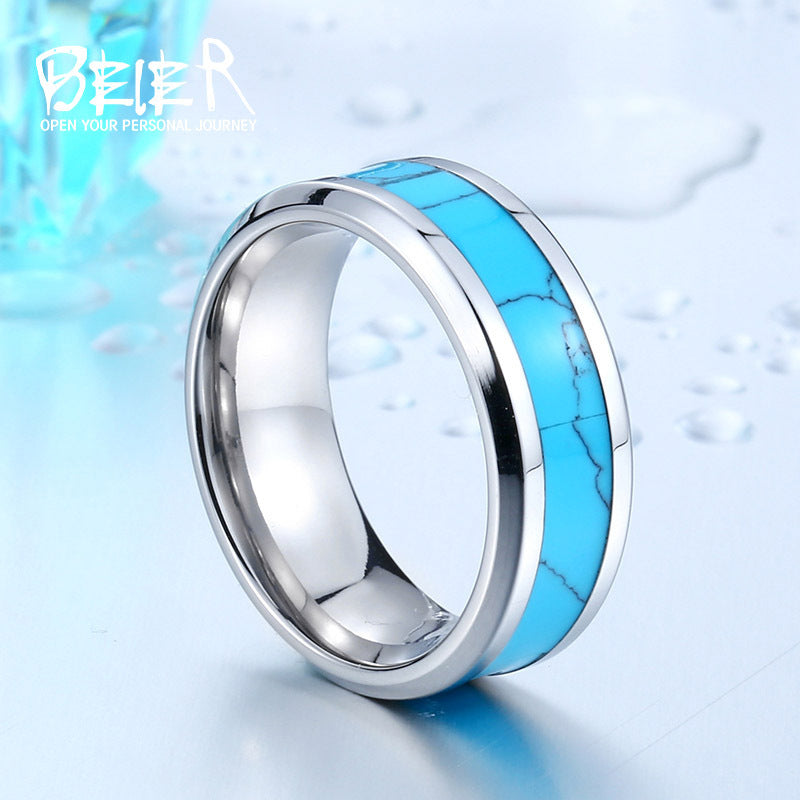 Vintage-Inspired Turquoise Inlaid Titanium Steel Ring for Men and Women – Trendy Everyday Fashion Jewelry