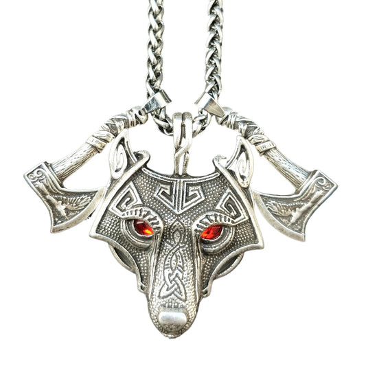 Norse Legacy Men's Mythical Wolf Head and Crow Axe Pendant Necklace