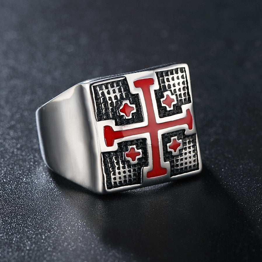 Red Jerusalem Cross Square Titanium Steel Ring for Men