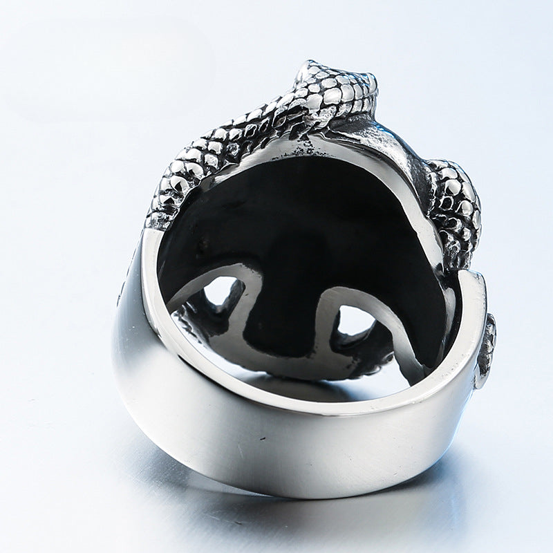 Retro Titanium Steel Python Skull Ring with Sparkling Zircon Accents for Men