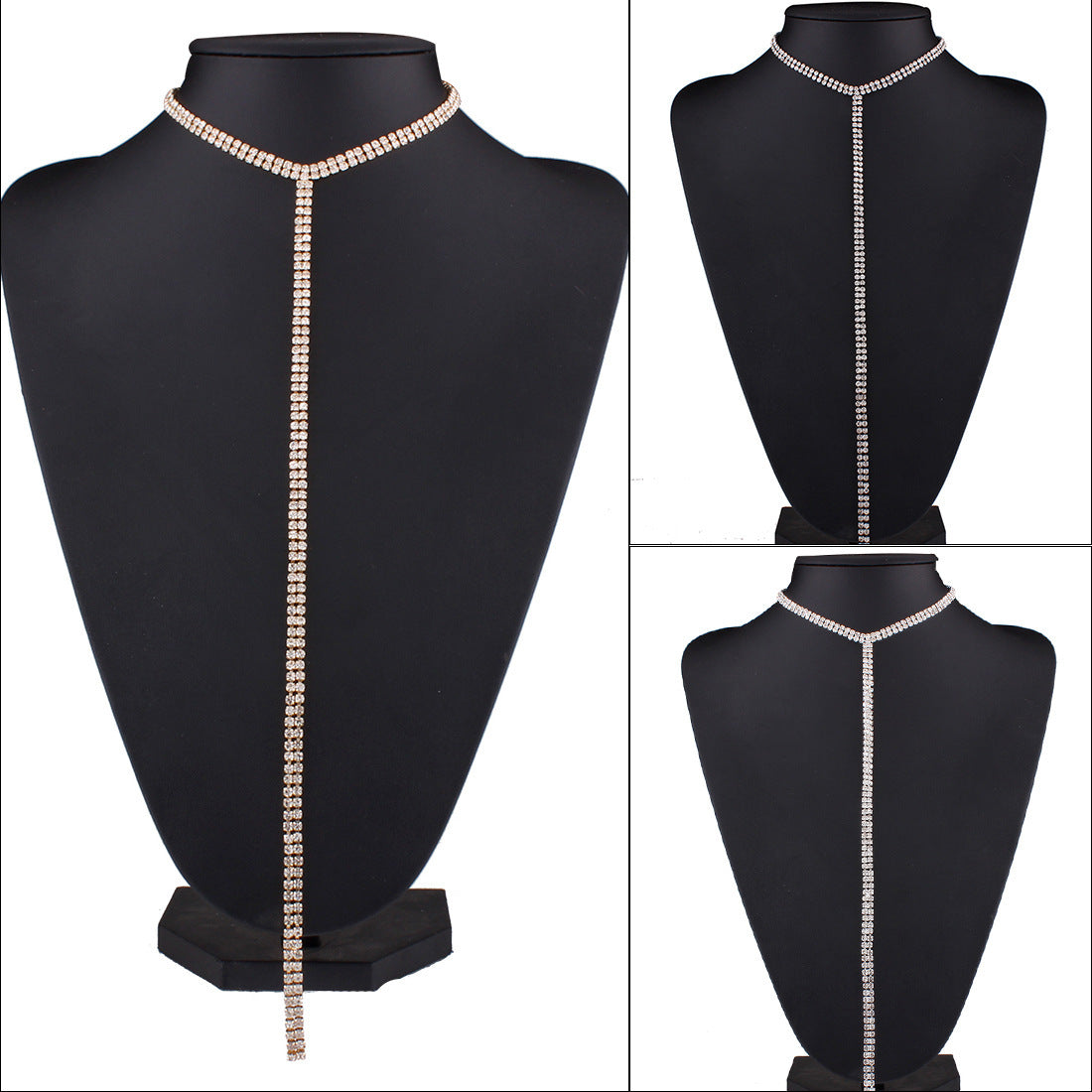 Luxurious European and American Rhinestone-embellished Deep V-neck Tassel Necklace