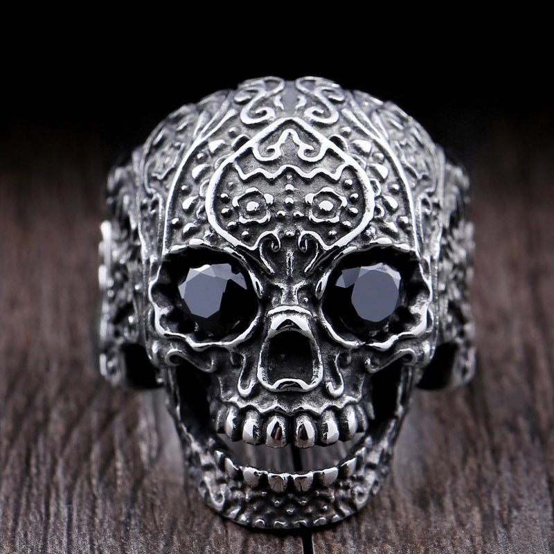 Edgy Titanium Steel Skull Ring for Men - Engraved Punk Hand Jewelry, Wholesale Available