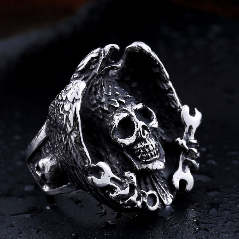 Custom Engraved Titanium Steel Men's Ring with Eagle Skull Wrench Design - Wholesale Jewelry