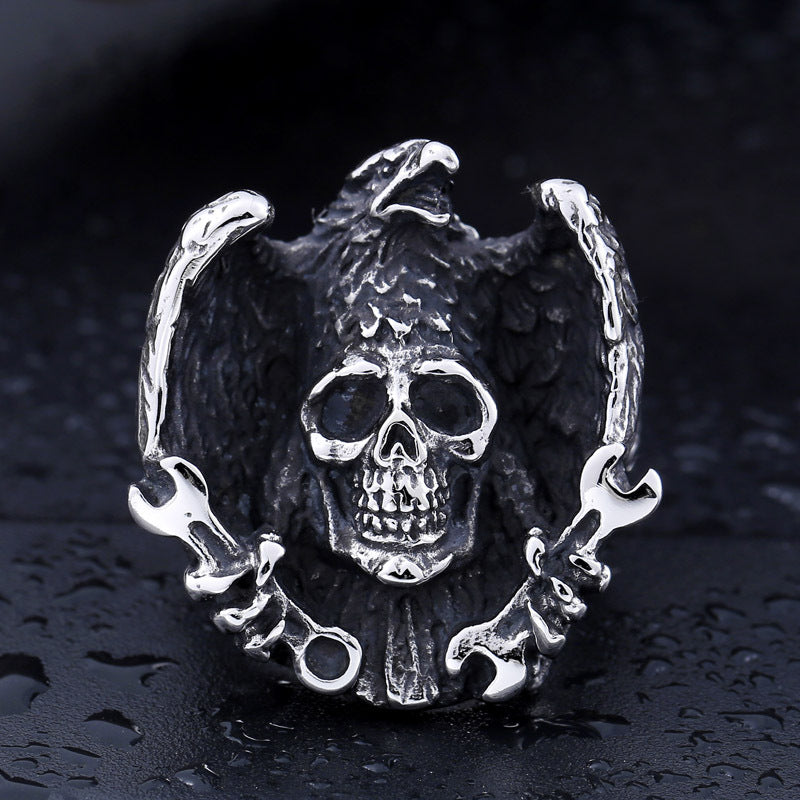 Custom Engraved Titanium Steel Men's Ring with Eagle Skull Wrench Design - Wholesale Jewelry