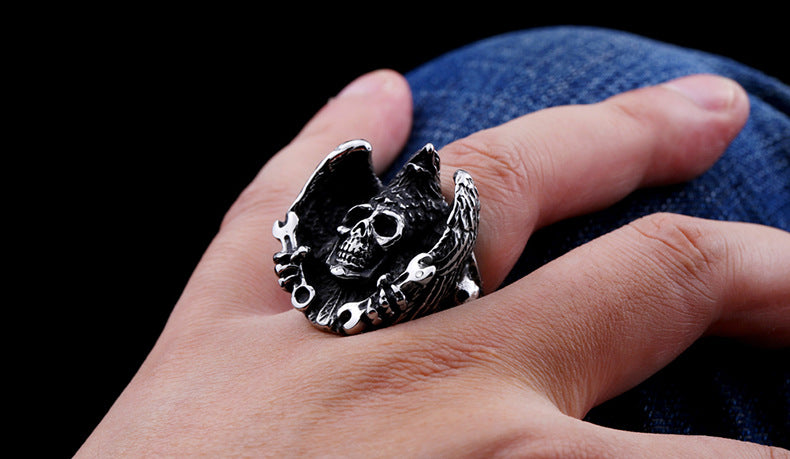 Custom Engraved Titanium Steel Men's Ring with Eagle Skull Wrench Design - Wholesale Jewelry