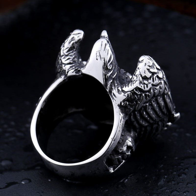 Custom Engraved Titanium Steel Men's Ring with Eagle Skull Wrench Design - Wholesale Jewelry