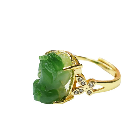 Fortune's Favor Sterling Silver Pixiu Ring with Hetian Jade Gem