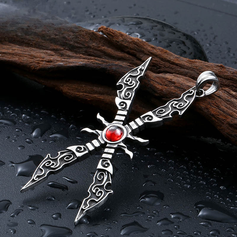 Vintage-Inspired Titanium Steel Engraved Pendant with Zircon for Men – Personalized Game Weapon Design