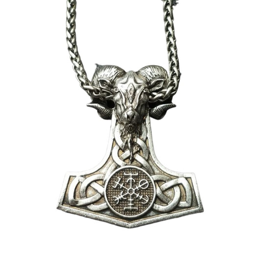 Mythical Viking Hammer Pendant Necklace with Compass Rune Engravings