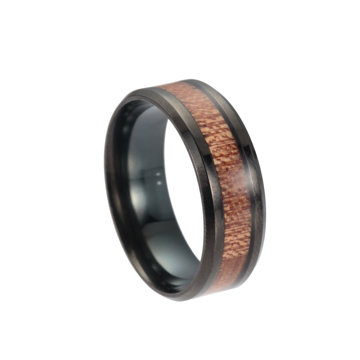 Titanium Steel Men's Acacia Wood Grain Ring with Inlaid Wood Detail