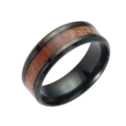 Titanium Steel Men's Acacia Wood Grain Ring with Inlaid Wood Detail