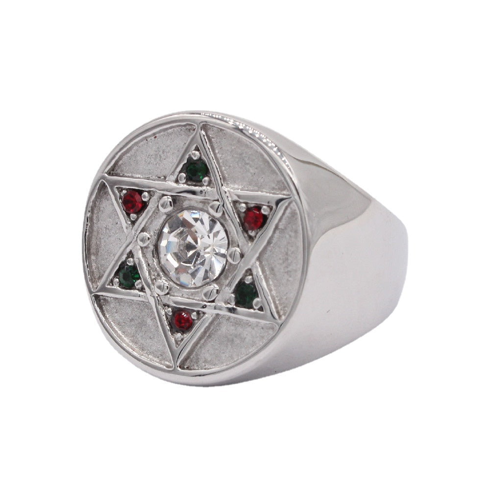 Fashion Simple Six-pointed Star Colourful Zircon Titanium Steel Ring for Men