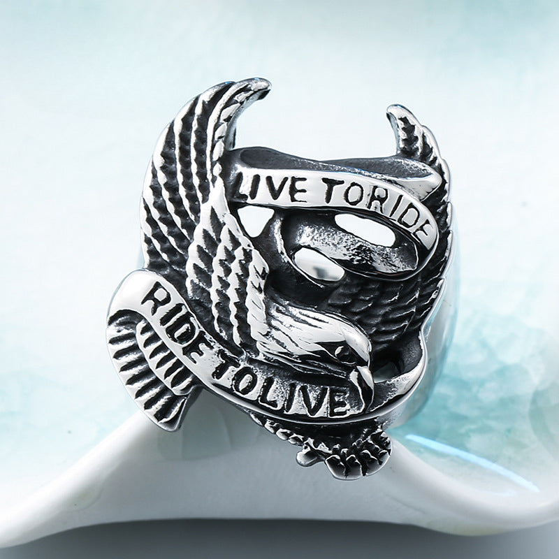 Customizable Eagle Emblem Titanium Steel Men's Ring - Bulk Purchasing Options Available