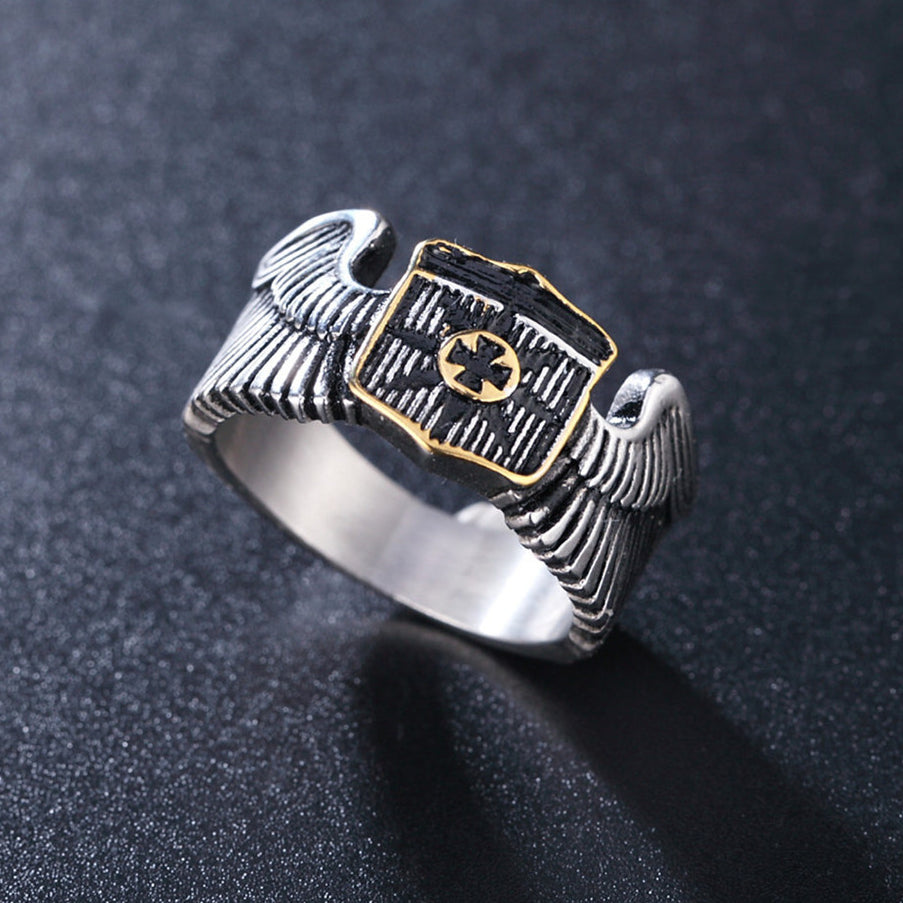 Crusader Shield Teutonic Cross Wings Titanium Steel Ring for Men