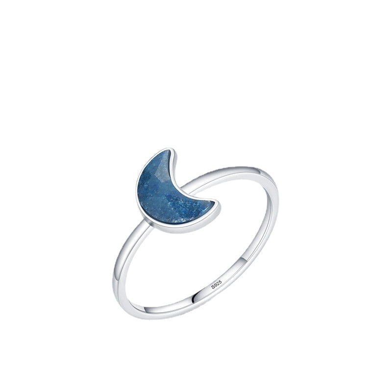 Small and Unique S925 Pure Silver Blue Aventurine Quartz Moon Ring