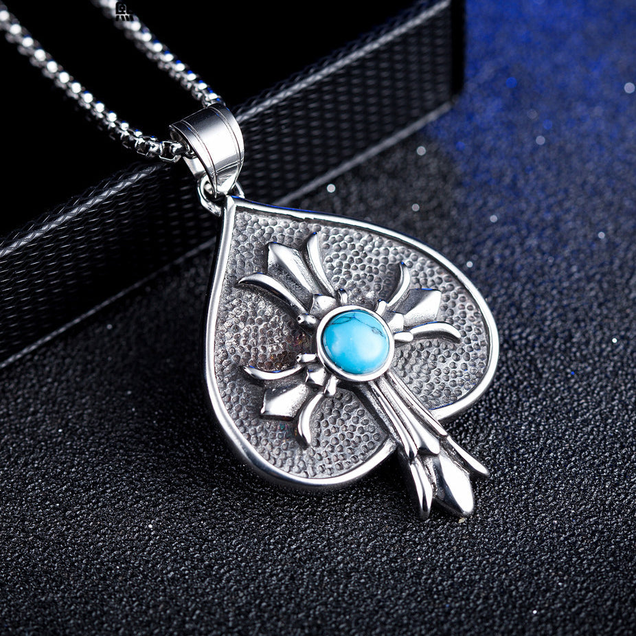 Spades Cross Flower Blue Turquoise Titanium Steel Necklace for Men