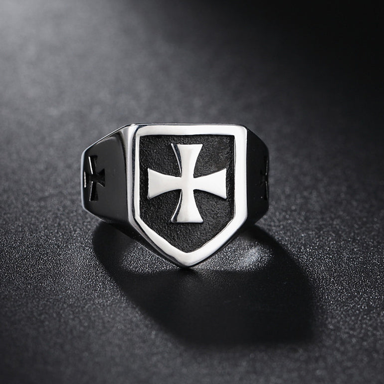 Shield Teutonic Cross Titanium Steel Ring for Men