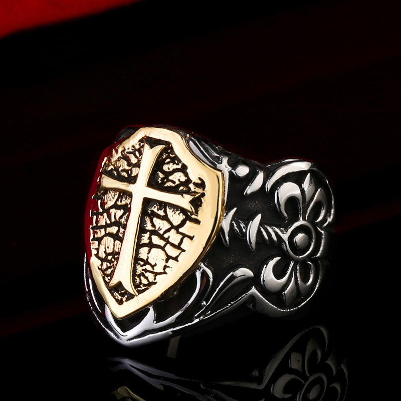 Personalized Retro Titanium Steel Cross Shield Ring for Men - Engraved Stainless Steel Jewelry