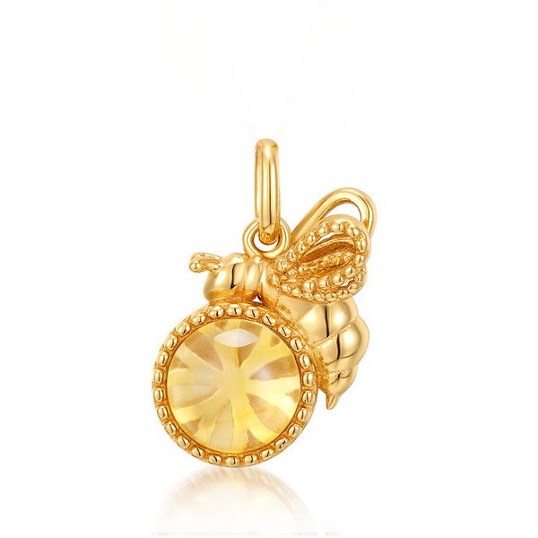 Bee Round Shape Yellow Crystal Sterling Silver Pendant