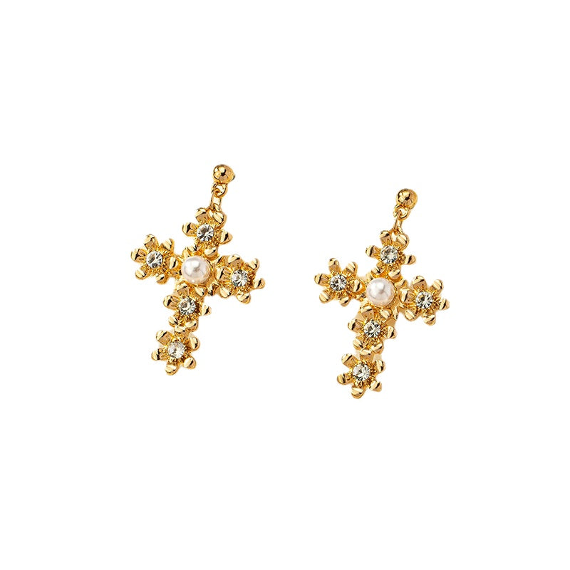 European and American Vienna Verve Metal Cross Earrings with Flower Design