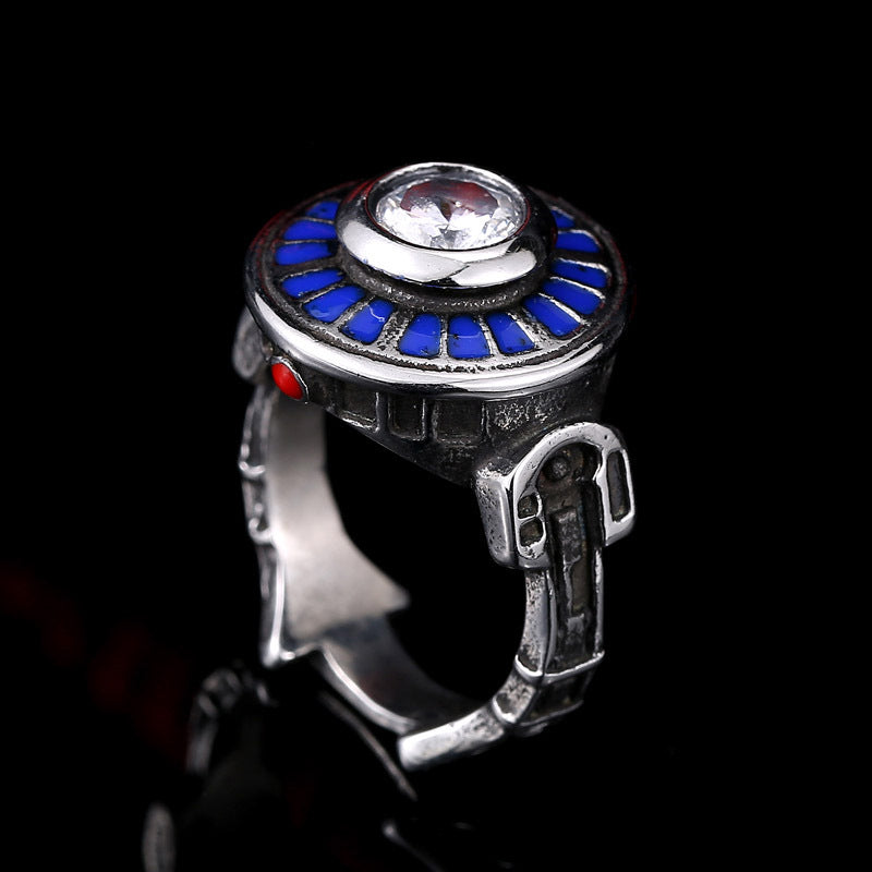 Men's Star Wars-Inspired Stainless Steel Ring with Epoxy and Zircon Inlay