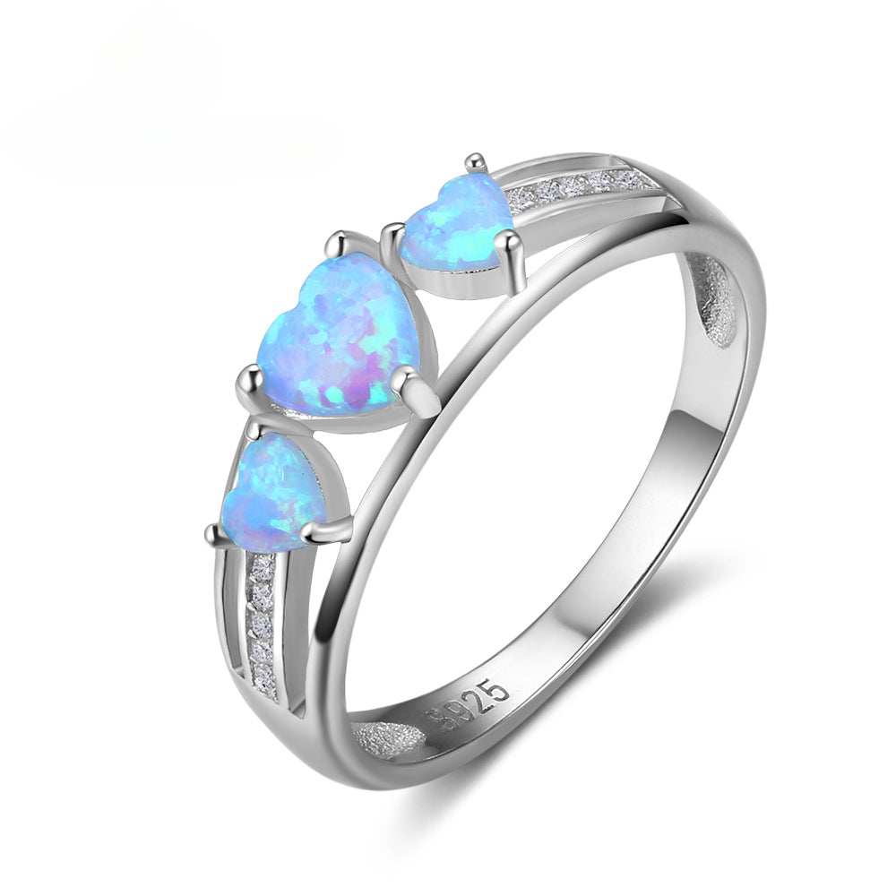 Stylish Three Heart Shape Blue Opal Sterling Silver Ring