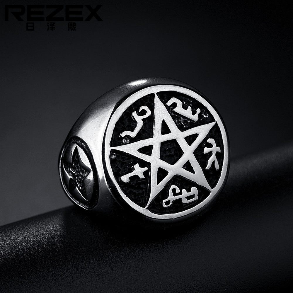 Personality Punk Satan Five Star Titanium Steel Ring for Men