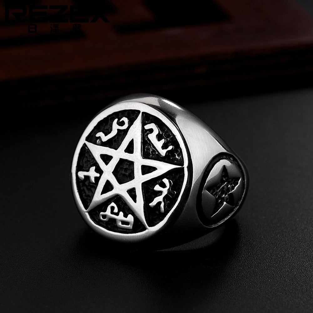 Personality Punk Satan Five Star Titanium Steel Ring for Men