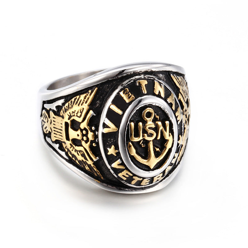 Nautical-Inspired Men's Gold Anchor Stainless Steel Ring - Customizable Maritime Jewelry