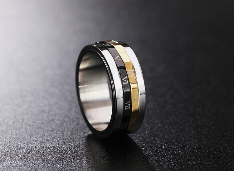 Rotating Double-Layer Titanium Steel Men's Ring with Roman Numerals