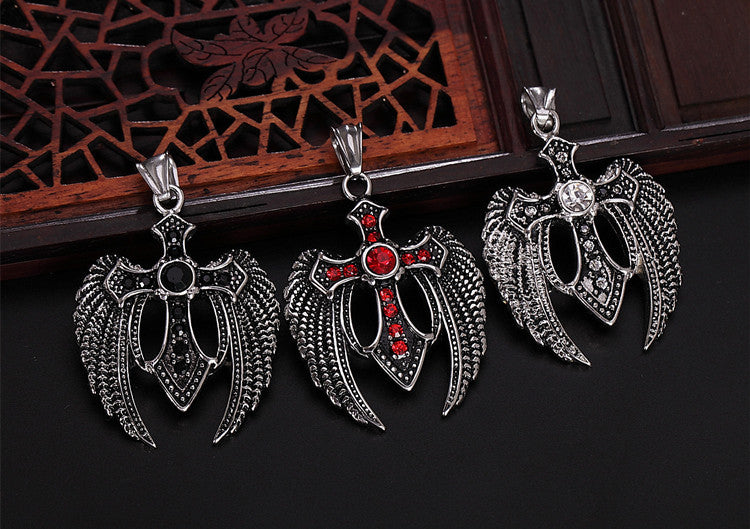 Fallen Angel Wings Zircon Cross Titanium Steel Pendant for Men